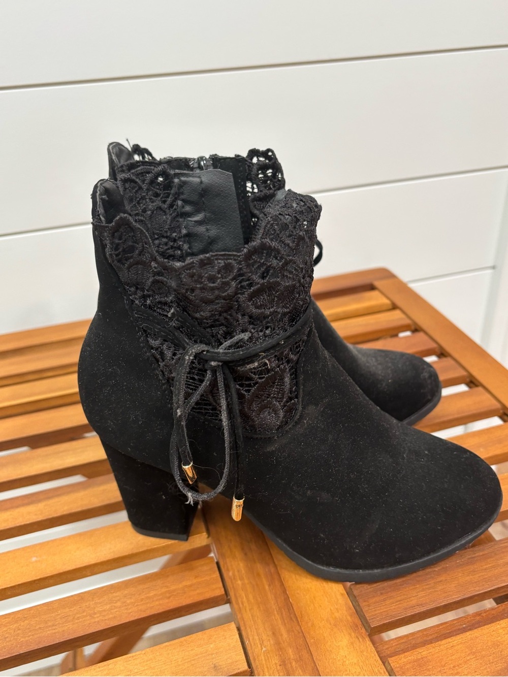 VENUS Black Lace-Trim Ankle Booties with Block Heel